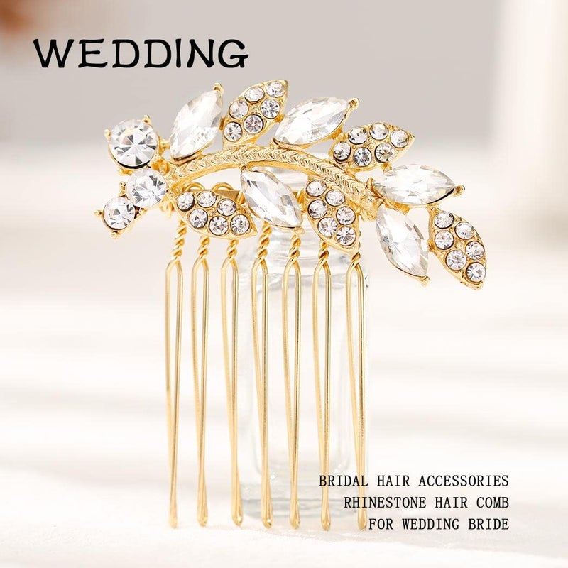 Foyte Crystal Bride Wedding Hair Comb Leaf Bridal Headpieces Rhinestone Hair Pieces Bridesmaid Side Combs Hair Accessories for Women (gold leaf) - Image 3